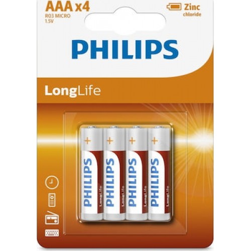 PHILIPS LongLife Zinq chloride μπαταρίες R03L4B/10 AAA R03 Micro, 4τμχ | R03L4B-10